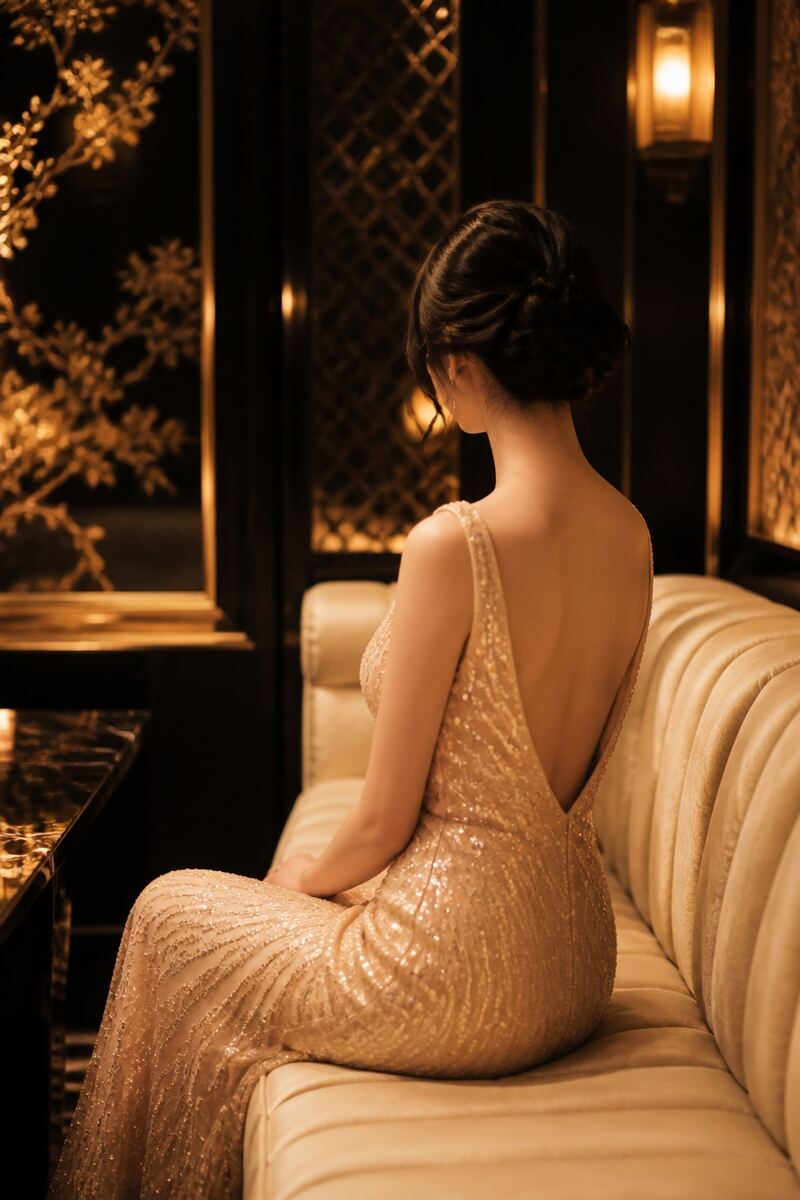 源氏名「みお」のイメージ写真。金のスパンコールドレスでソファに座る後ろ姿。顔は写していない(AI生成)