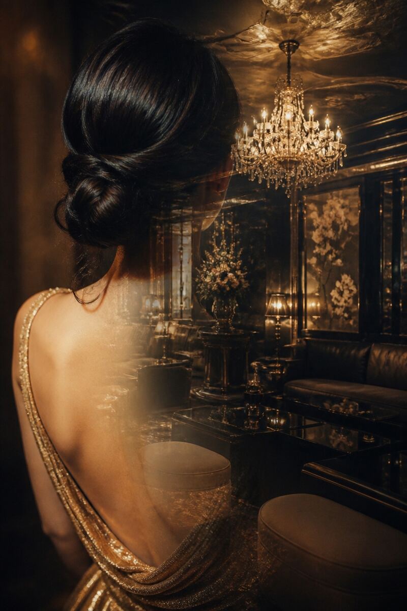 金のドレスを着たアップヘアの女性の後ろ姿に、店内のシャンデリアと席が重なるイメージ写真。顔は写していない(AI生成)